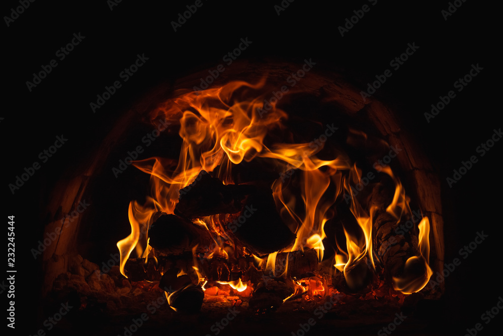 Oven with burning fire. Close-up, Background