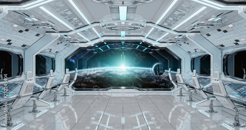 Fototapeta Naklejka Na Ścianę i Meble -  White clean spaceship interior with view on planet Earth 3D rendering