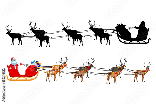 Santa Claus on a sleigh with reindeer, with a handful of gifts. Silhouette of santa claus.