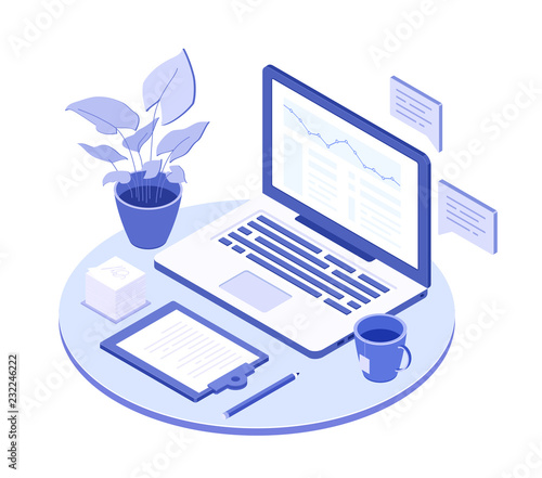 Workplace with laptop - modern vector isometric illustration