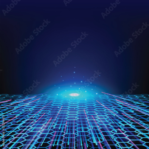 Abstract technology blue wire network futuristic wireframe data visualisation with lighting effect.