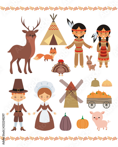 Foto Thanksgiving characters and elements set