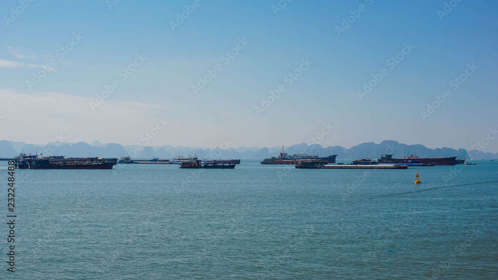 Ships in the sea in the bay of Ha Long. Vietnam