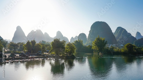 The village of Yangshuo and mountains from a bird's eye view. China