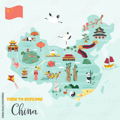 Fototapeta Naklejka Na Ścianę i Meble -  Chinese cartoon map with destinations, symbols