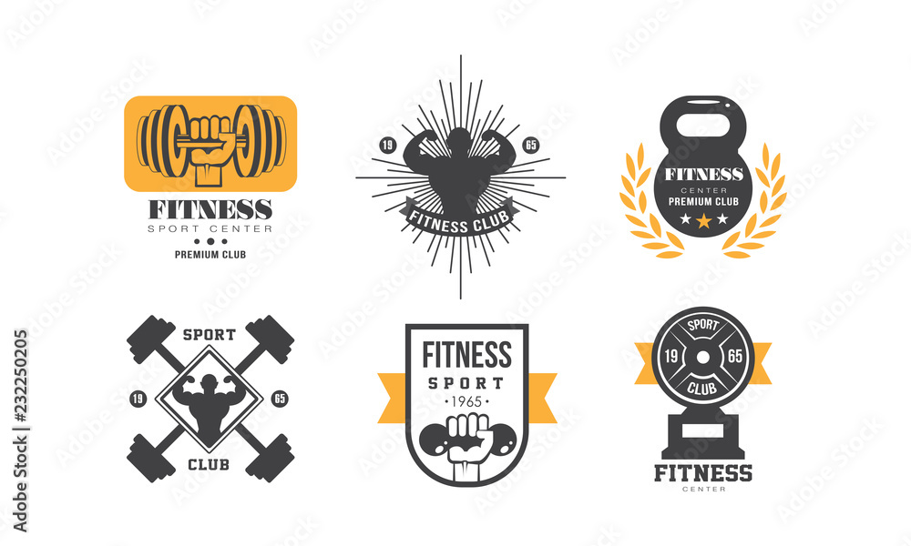 Fitness club logo design set, retro emblem for premium sport center or gym vector Illustration on a white background