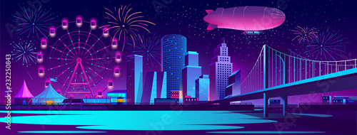 Vector urban concept background with night city illuminated with neon glowing lights. Festive cityscape with modern buildings, skyscrapers, amusement park with ferris wheel and firework on river bank