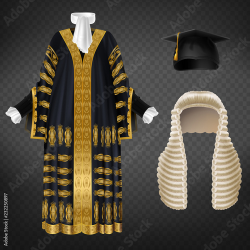 Vector black court gown with gold decorative embroidery, long wig with curls and mortarboard cap, isolated on background. Set of judicial ceremonial clothing, uniform for judges and barristers