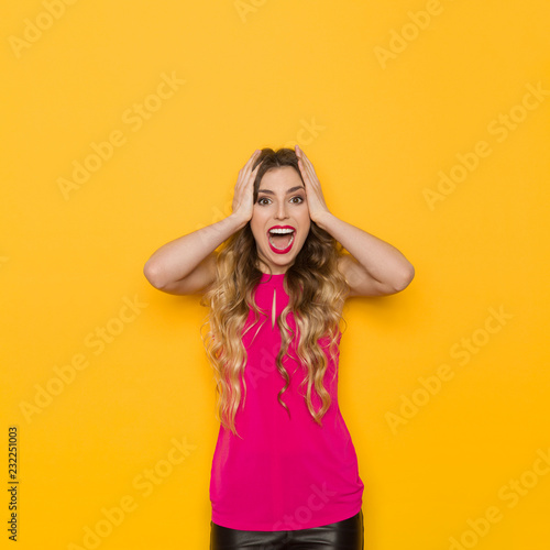 Excited Young Woman Is Holding Head In Hands And Shouting