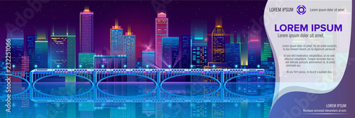 Vector concept banner with night city illuminated with neon glowing lights. Futuristic cityscape in blue and violet colors, panorama with modern buildings, skyscrapers and long bridge over river