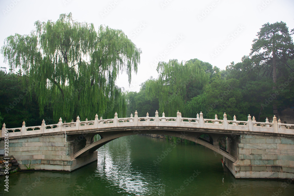 Park with lake, beautiful bridge and trees near Summer Palace, Beijing, China