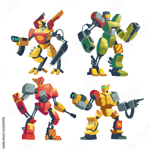 Vector cartoon combat robots. Battle androids with artificial intelligence in protective armor isolated on white background for games. Futuristic soldiers, robotic toys. Modern military concept.