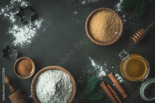 Backing background with ingredients for baking pumpkin cake and kitchen tools