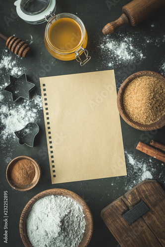 Backing background with ingredients for baking pumpkin cake and kitchen tools