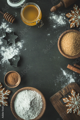 Backing background with ingredients for baking pumpkin cake and kitchen tools