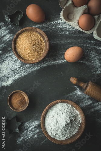 Backing background with ingredients for baking pumpkin cake and kitchen tools