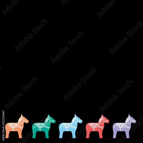 Red pink orange blue lilac Dalecarlian Dala horse traditional painted wooden horse statuette originating in Swedish province Dalarna. card banner design for text on black background. Vector