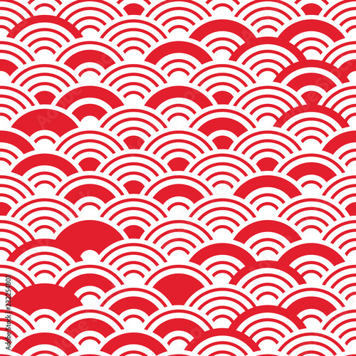 Seigaiha literally means blue wave of the sea. seamless pattern abstract scales simple Nature background japanese circle red white colors. Vector