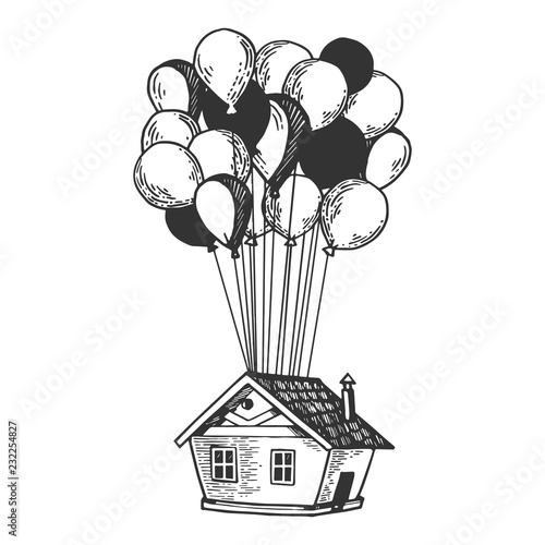 Fantastic fabulous house is flying on air balloons engraving vector illustration. Scratch board style imitation. Black and white hand drawn image.