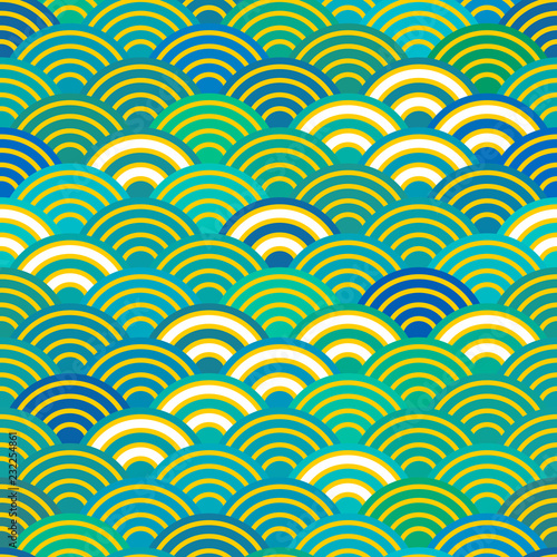 Seigaiha or seigainami literally means wave of the sea. seamless pattern abstract scales simple Spring Nature background with japanese circle Blue green white Yellow colors. Vector
