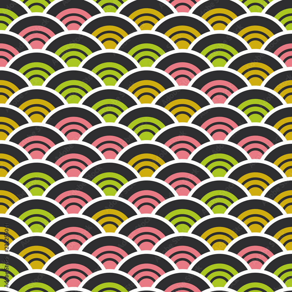 Seigaiha or seigainami literally means wave of the sea. japanese seamless pattern abstract scales simple Nature background circle green pink white black. Can be used for fabrics, wallpapers. Vector Seigaiha or seigainami literally means wave of the sea. japanese seamless pattern abstract scales simple Nature background circle green pink white black. Can be used for fabrics, wallpapers. Vector