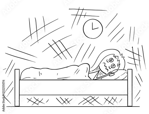 Cartoon stick drawing conceptual illustration of woman lying in the bed and unable to sleep because of Insomnia.