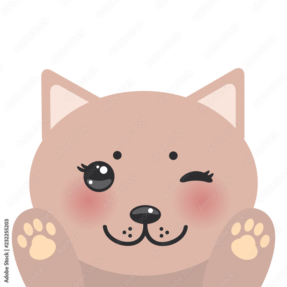 Kawaii funny pink cat muzzle with pink cheeks and winking eyes Cat's paws isolated on white background. Perfect for a greeting card, notebook, case. Vector Kawaii funny pink cat muzzle with pink cheeks and winking eyes Cat's paws isolated on white background. Perfect for a greeting card, notebook, case. Vector