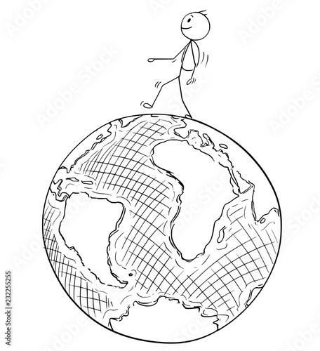 Cartoon stick drawing conceptual illustration of man traveler walking on Earth globe.