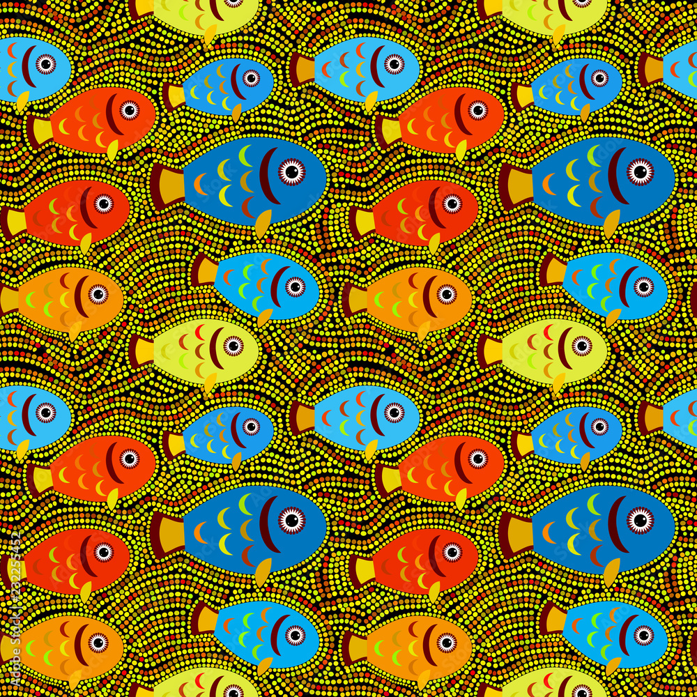 Seamless pattern Fish red blue yellow orange on a black multicolored bright background in polka dots. Vector Seamless pattern Fish red blue yellow orange on a black multicolored bright background in polka dots. Vector