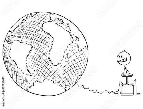 Cartoon stick drawing conceptual illustration of man or businessman who is trying to destroy world or planet Earth by explosive. Environmental concept of