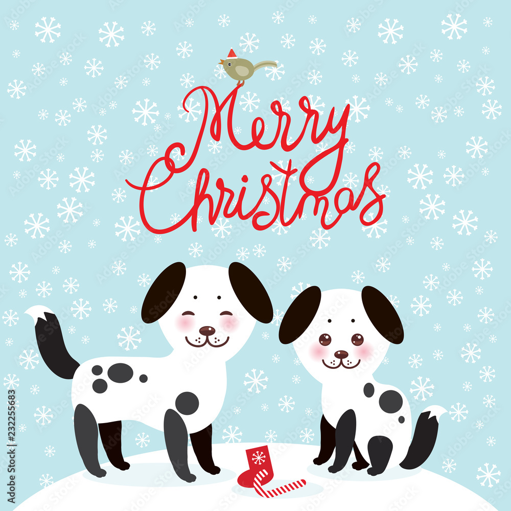 Merry Christmas New Year's card design Kawaii funny white black dog, face with pink cheeks, on blue background. Vector Merry Christmas New Year's card design Kawaii funny white black dog, face with pink cheeks, on blue background. Vector