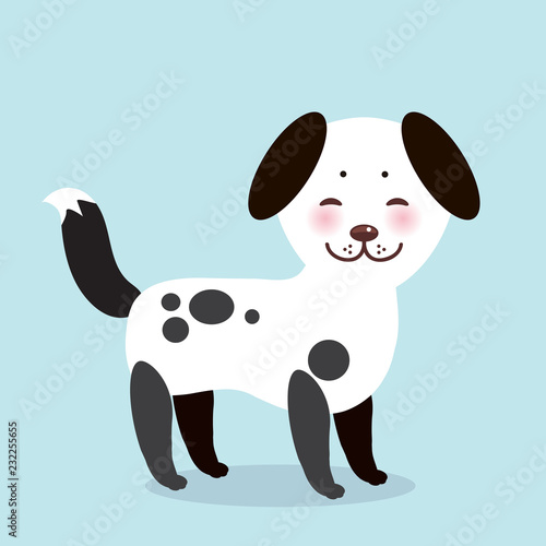 Kawaii funny white black dog, face with pink cheeks, on blue background. Vector