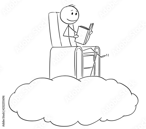 Cartoon stick drawing conceptual illustration of man and dreamer reading a book in calm on a cloud.
