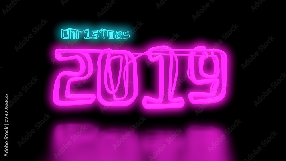 Christmas 2019 Sci-Fi blue cyan and Purple pink Neon Lights lettering word On Black Background wall and Reflective floor With Empty Space For Text 3D Rendering Illustration
