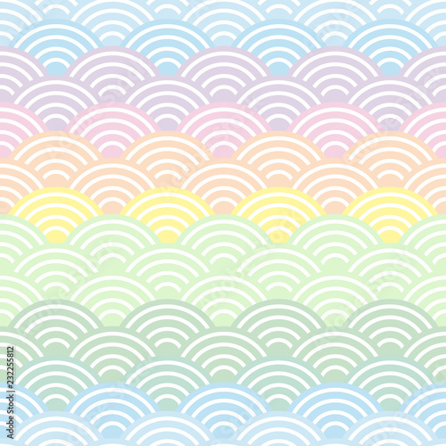 Seigaiha or seigainami literally means wave of the sea. rainbow seamless pattern abstract scales simple Nature background japanese circle purple pink yellow blue green pastel colors. Vector