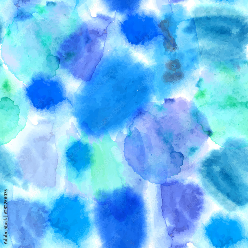 Seamless pattern. Colorful watercolour hand drawn abstract sea ocean blue white background. Vector
