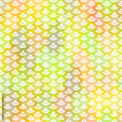 wave seamless pattern abstract scales simple Nature background japanese circle spring green yellow pink white colors. Can be used for fabrics, wallpapers, websites. Vector