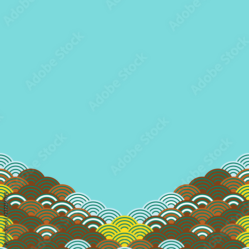 Seigaiha or seigainami literally means wave of the sea. card banner design for text abstract scales simple Nature blue background with japanese circle pattern green orange brown yellow colors. Vector