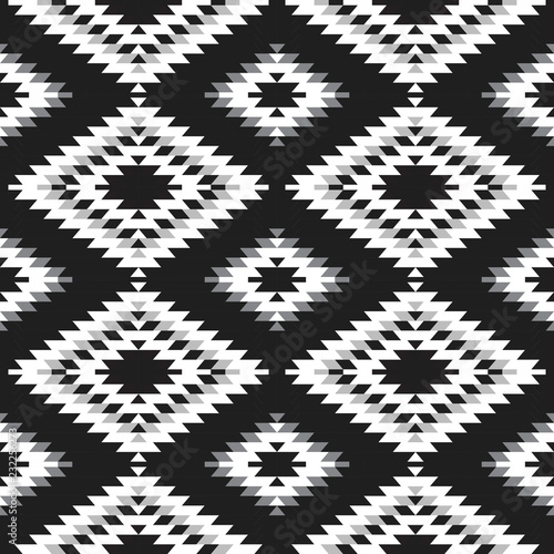 Seamless pattern Turkish carpet white gray black. Patchwork mosaic oriental kilim rug with traditional folk geometric ornament. Tribal style. Vector