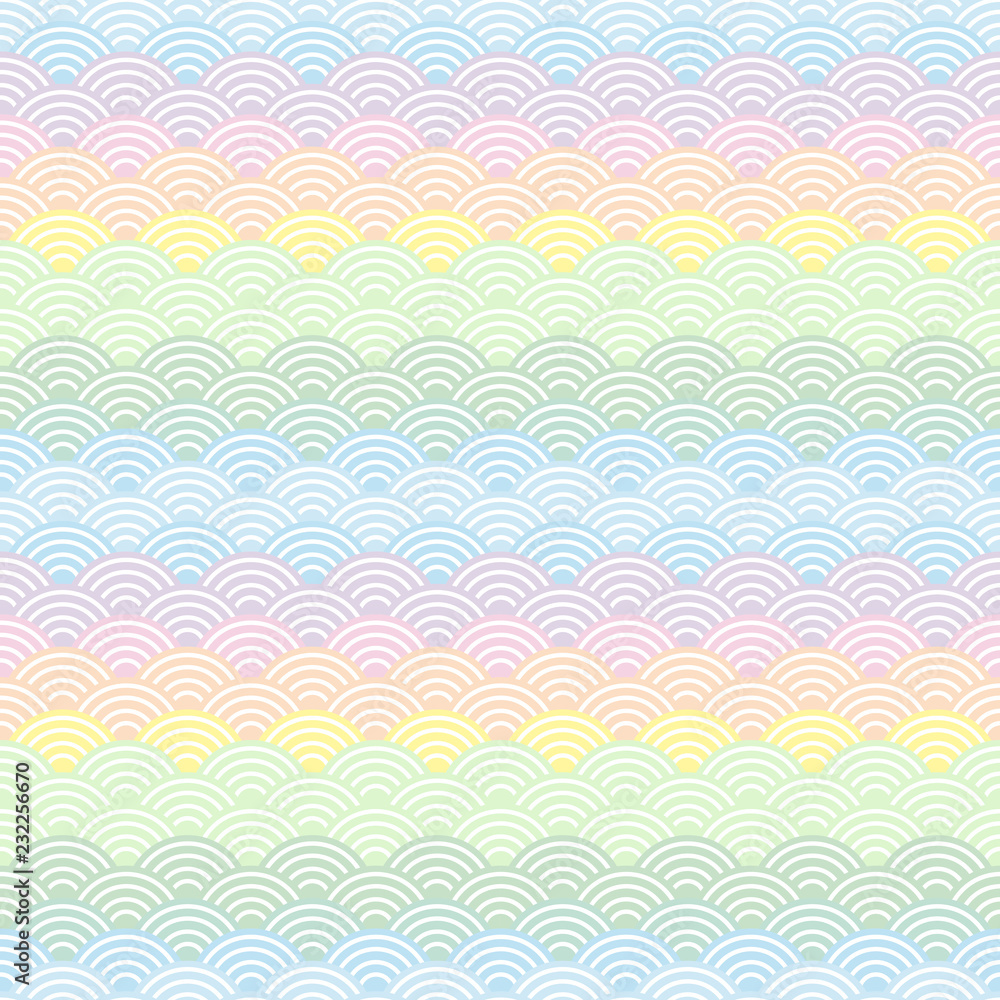 rainbow seamless pattern abstract scales simple Spring Nature background with japanese wave circle pattern purple pink yellow blue green pastel colors light background. Vector