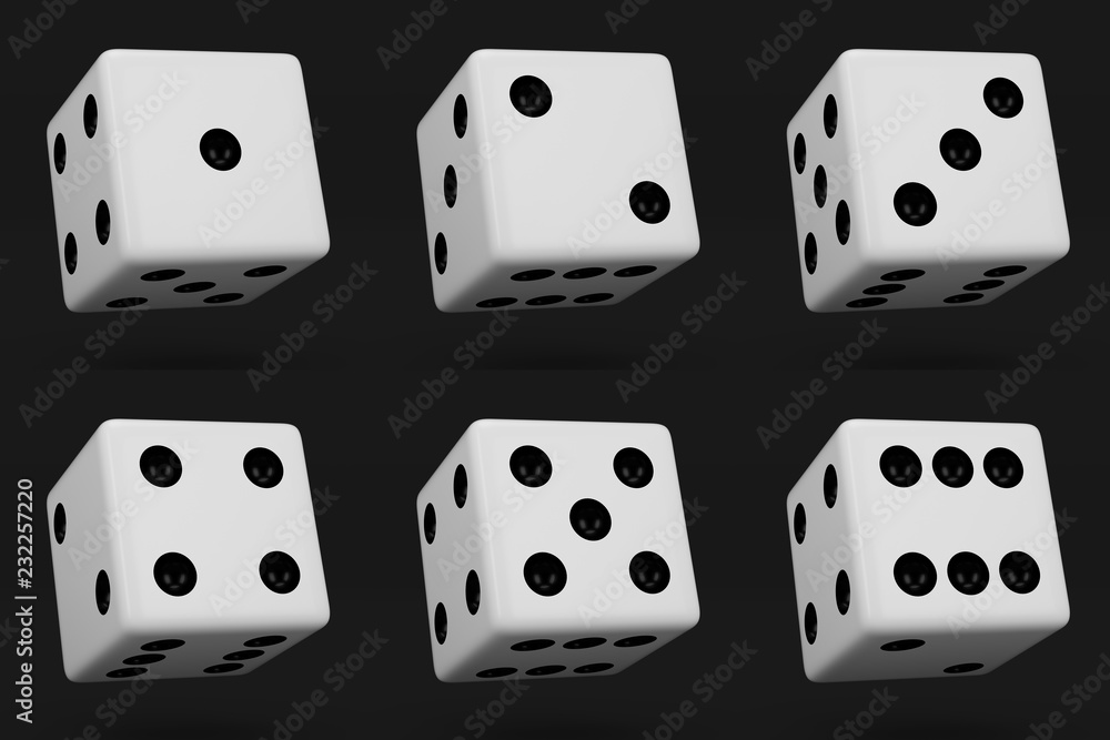 White dice with black dots hanging in half turn showing different numbers isolated on black background White dice with black dots hanging in half turn showing different numbers isolated on black background