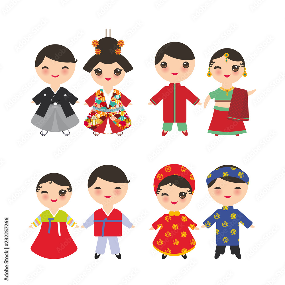 Indian Japanese Koreans Vietnamese Kawaii boy and girl in national costume. Cartoon children in traditional dress isolated on white background. Vector