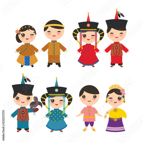 Chinese Thai Mongolian Kawaii boy and girl in national costume and hat. Cartoon children in traditional Thailand dress isolated on white background. Vector