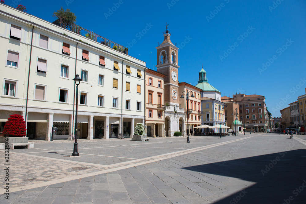 Naklejka premium Picturesque view on ancient square in medieval city center of Rimini, Italy, Europe.