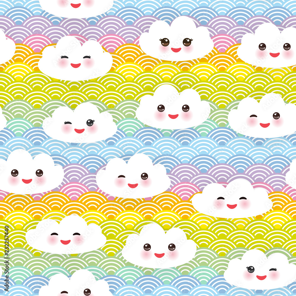 Kawaii funny white clouds set, muzzle with pink cheeks and winking eyes. Seamless pattern on Rainbow red orange yellow green blue violet pink japanese wave background. Vector
