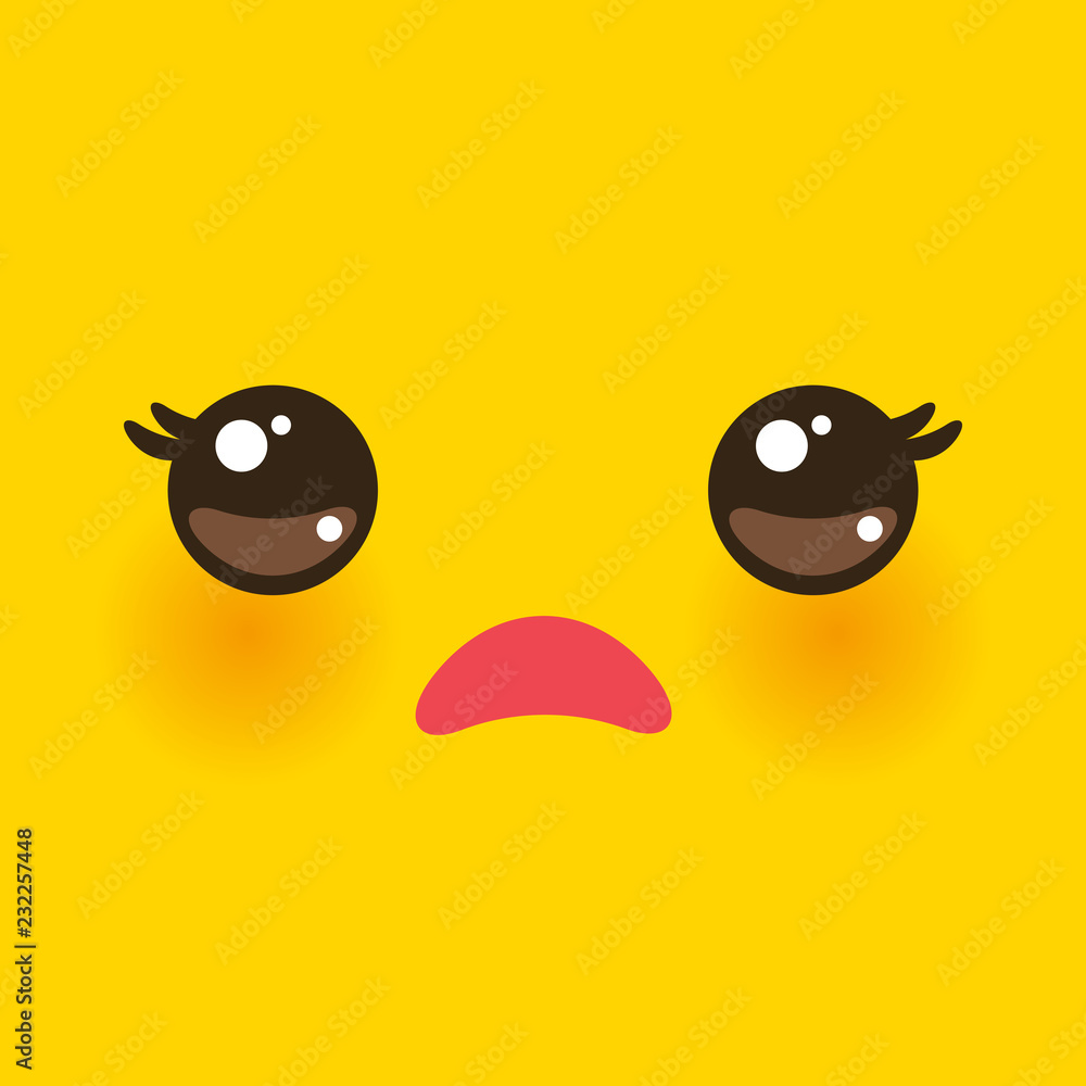 Kawaii funny muzzle with pink cheeks and big eyes Cute Cartoon sad Face on  yellow orange background. Vector Stock Vector | Adobe Stock