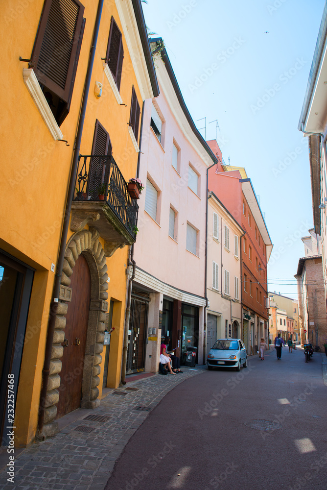 Street in Rimini, ancient city center. Vacation in beautiful Emilia Romagna, Italy, Europe.