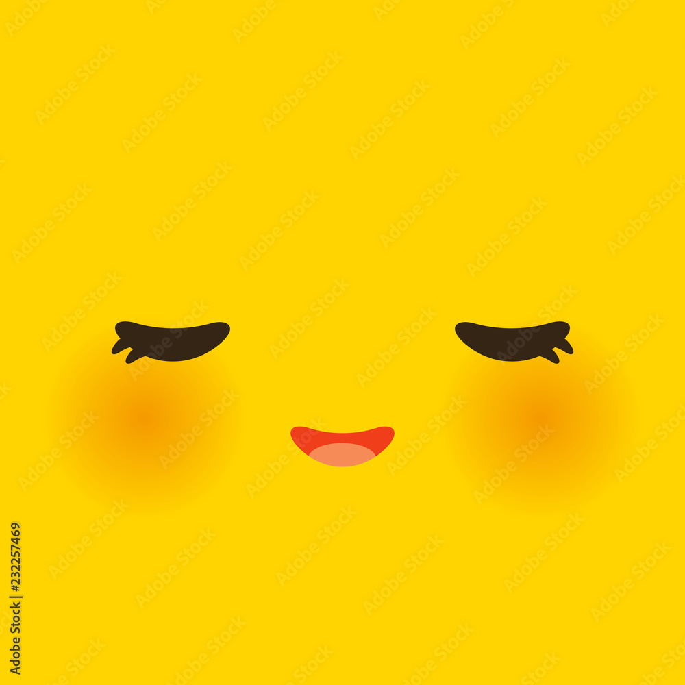 Kawaii funny muzzle with pink cheeks and closed eyes, Cute Cartoon Face on yellow orange background. Vector