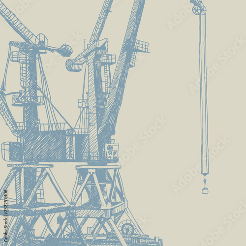 Port crane machinery Building Tower construction. Hand drawn sketch illustration. Blue silhouette on brown gray backgraund. Applicable for Placards Banners Posters Flyers. Vector