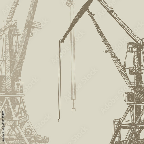 Port crane machinery Building Tower construction. Hand drawn sketch illustration. brown silhouette on brown beige backgraund. Applicable for Placards Banners Posters Flyers. Vector